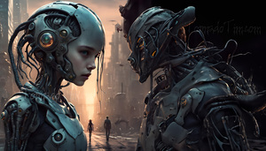 Futuristic image of androids, one part human part machine representing our possible future of man/machine hybrids.