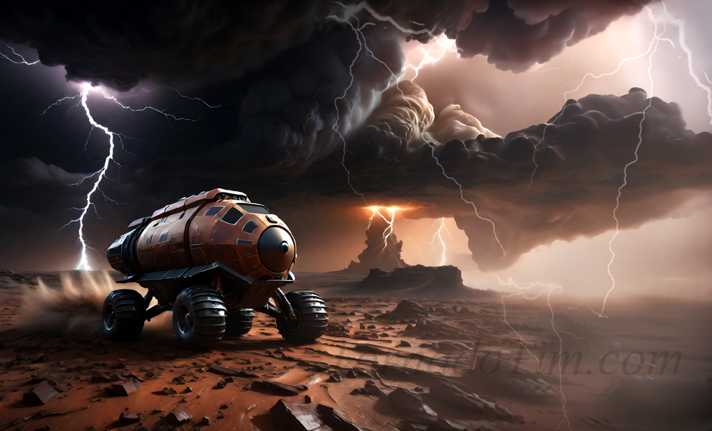 Storm chasing on distant planet in space vehicle