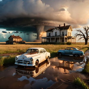 Classic cars with a tornado in the background