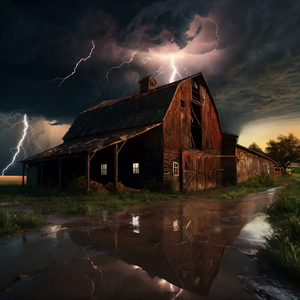 An aged barn on a farm amid an intense storm illuminated by vivid lightning strikes.