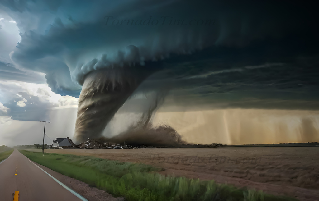 Large destructive tornado crossing - AI tornado image.