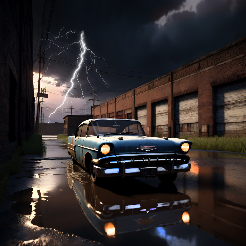 Classic car in lightning storm dark city alley