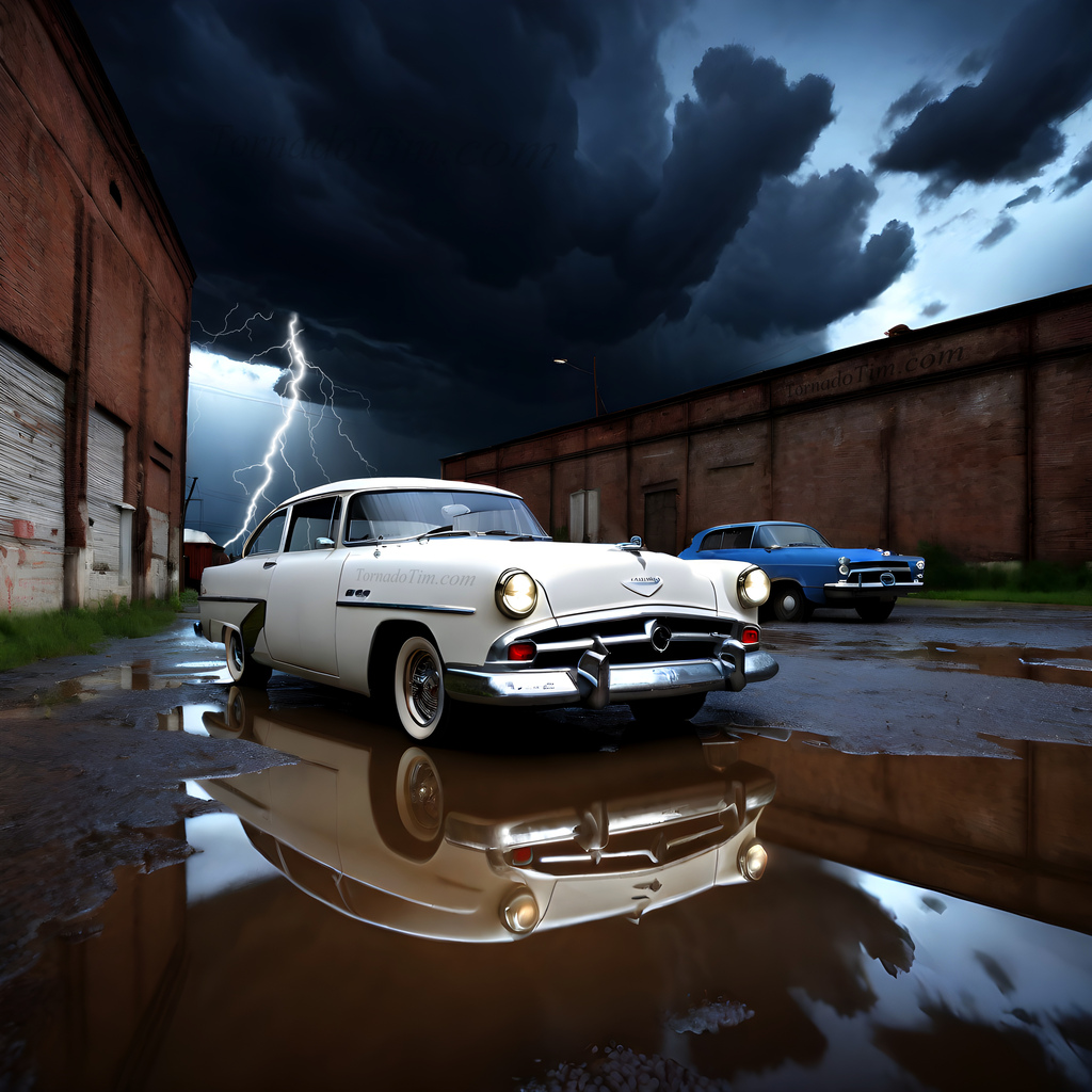 Classic car in lightning storm dark city alley