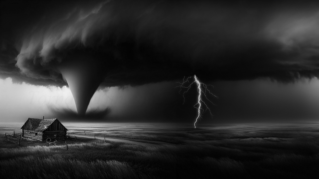 Tornado over prairie with log cabin in foreground  AI art