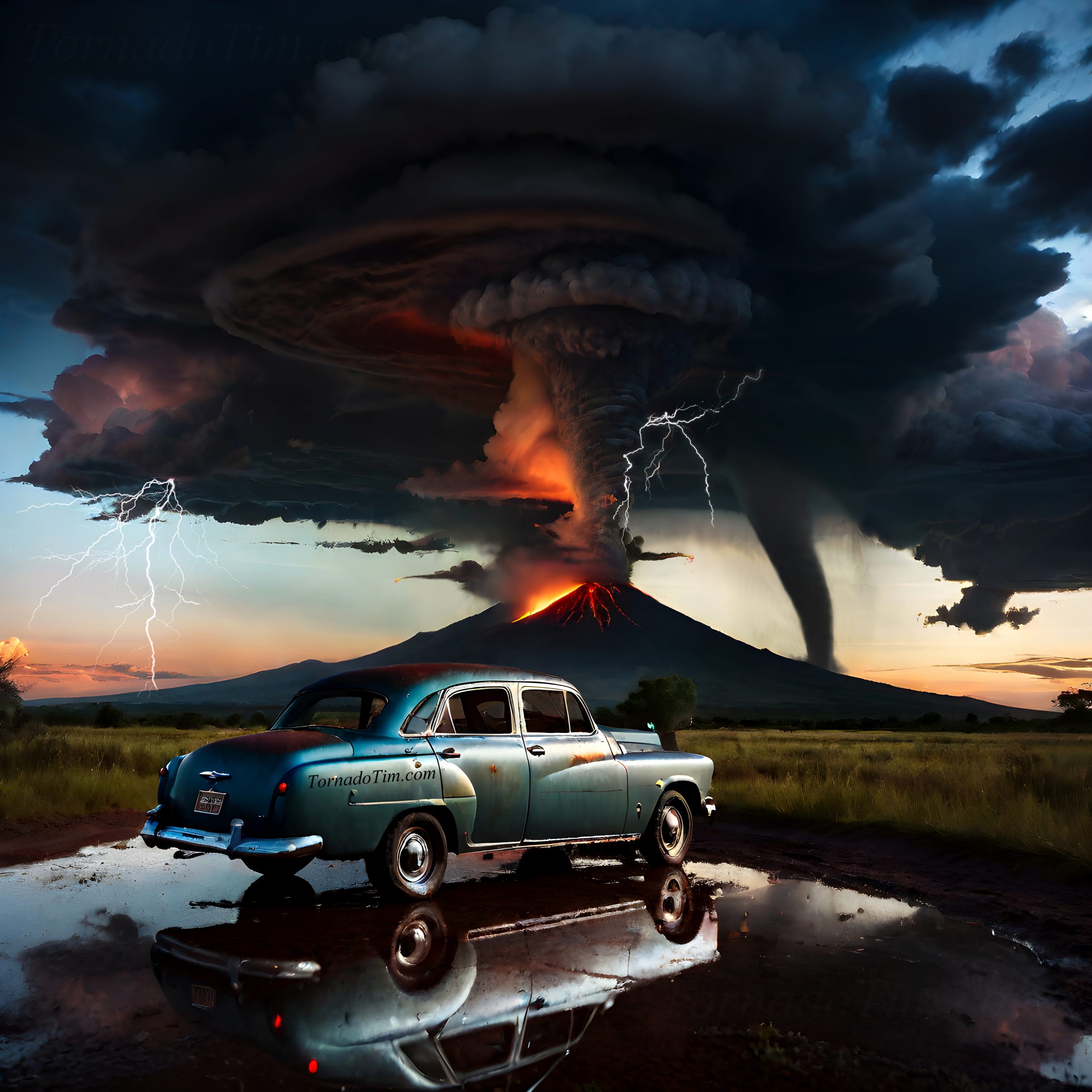 Classic car in lightning storm volcano erupting tornado 